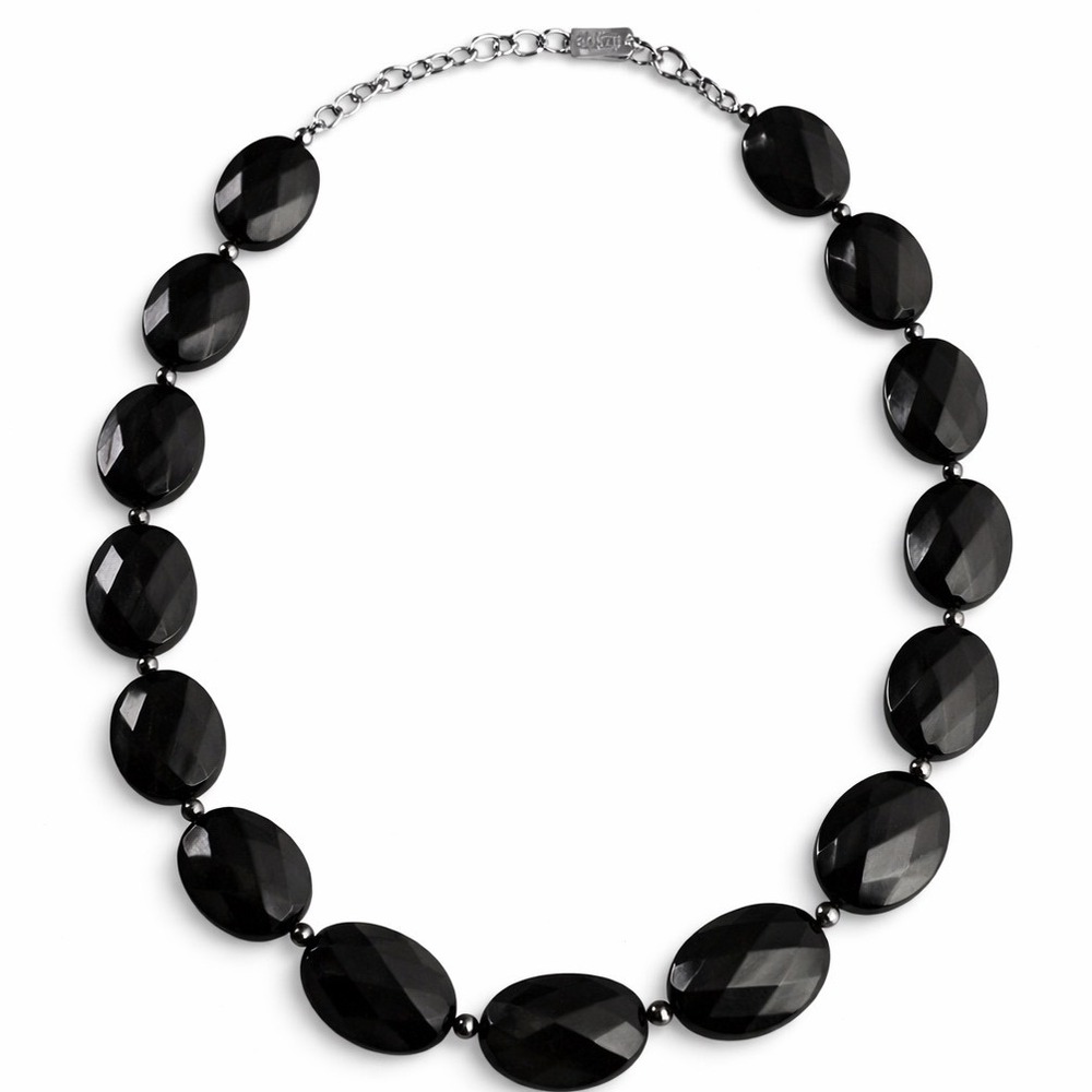 Liz & Co Black Faceted Oval Bead Statement Necklace Silver Tone Adjustable